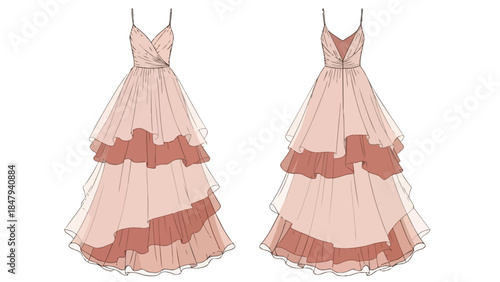 Elegant layered ruffled gown design illustration with spaghetti straps and sweetheart neckline in pastel tones