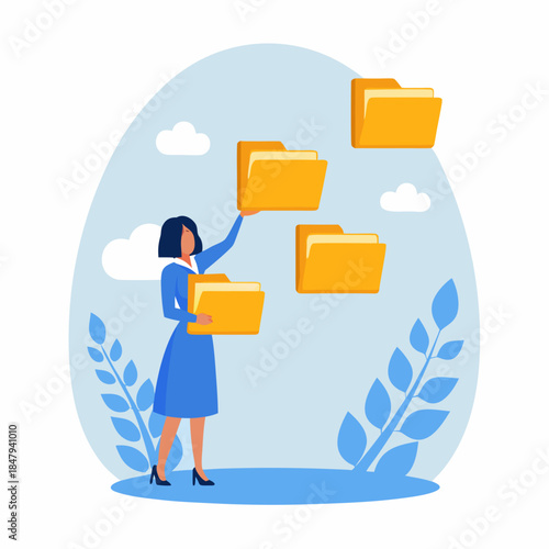 Woman managing floating folders representing data organization and workflow efficiency