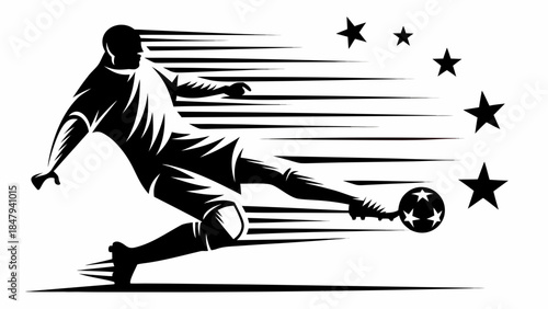 Dynamic soccer player in action with speed lines and sparkling stars