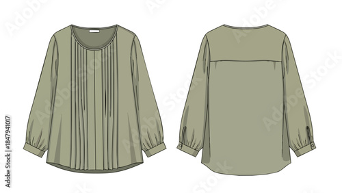 Elegant Olive Green Blouse with Pleated Front and Gathered Sleeves showcasing a Classic Silhouette