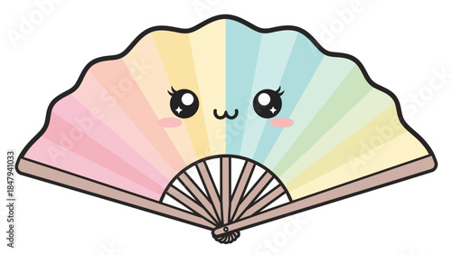 A cute kawaii pastel rainbow folding hand fan with a happy face.