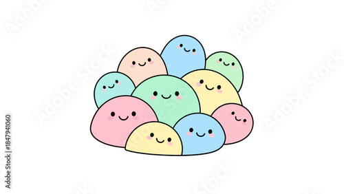 A cluster of cute, smiling, pastel-colored blob characters with simple faces, cartoon illustration on a white background.