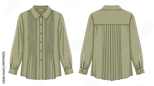 Elegant Long-Sleeve Blouse with Pleated Front and Back Detail, a Versatile Apparel Illustration
