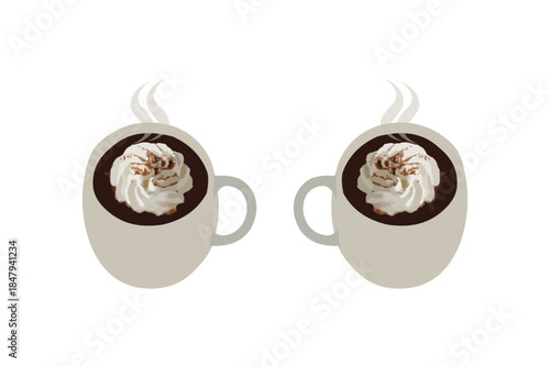 Hand-drawn illustration of hot chocolate with marshmallows isolated on a white background