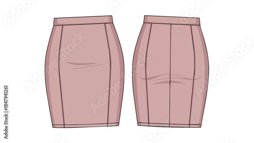 Fashion illustration of a tailored blush pink pencil skirt presented in front and back views for design reference