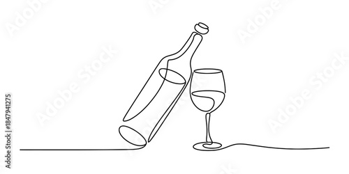 Minimalist continuous one line drawing of a wine bottle and glass for a clean and simple design Vector, illustration