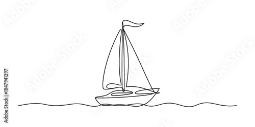 A continuous line art drawing of a sailboat sailing on the ocean waves Vector, illustration