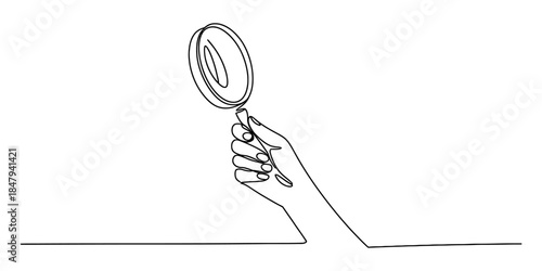 A hand holding a magnifying glass in continuous line art style, symbolizing search and focus Vector, illustration