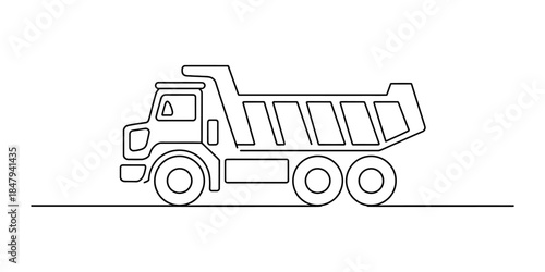 A simple continuous single line drawing of a dump truck, a piece of heavy machinery used for construction and transport. Vector, illustration