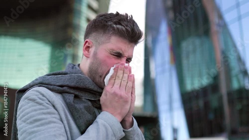 City Seasonal Ailment A Young Bearded Man Suffers from the Flu