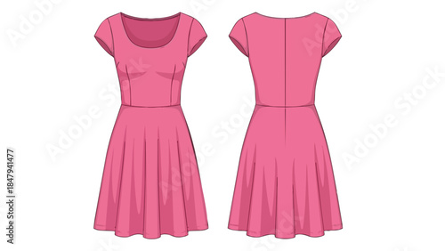 Vibrant pink short-sleeved flared dress shown from front and back on a clean white background