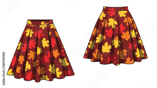 Illustrative depiction of two flared skirts adorned with a vibrant pattern of fallen maple leaves in autumnal hues