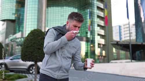 Outdoor Health Ordeal A Bearded Hispanic American Man Sneezes and Coughs