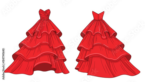 Elegant tiered scarlet evening gowns showcased in a stylized fashion illustration with intricate details
