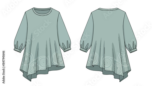 Elegant Teal Tunic with Flowing Silhouette and Subtle Swirl Embellishment