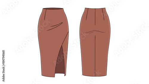 Sleek Brown Pencil Skirt with High Slit and Draped Front Detail Fashion Illustration