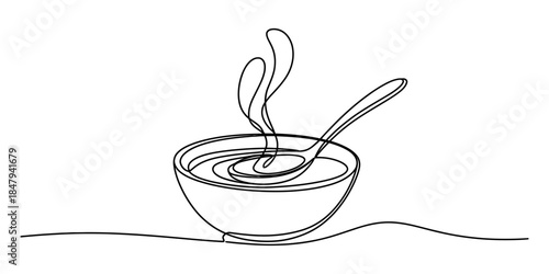 A single continuous line drawing of a steaming bowl of hot soup with a spoon Vector, illustration