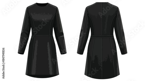 Sleek Black A-Line Dress With Long Sleeves And Belt Detail From Front And Back