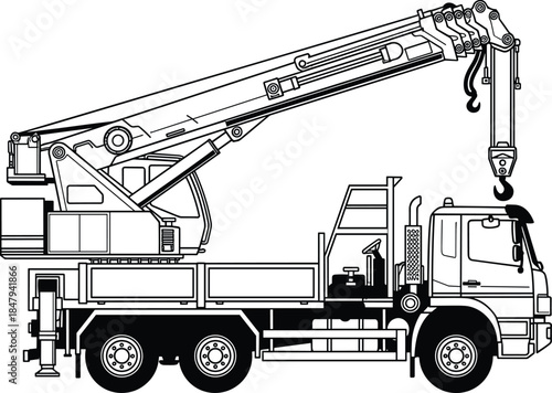 Truck-mounted crane with extended boom arm and hook, heavy lifting construction vehicle for industrial engineering and logistics tasks, flat vector