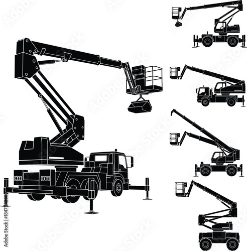 Boom lift collection, aerial platform silhouettes, hydraulic arm machines, elevated access vehicles, construction maintenance equipment, industrial lift types flat vector