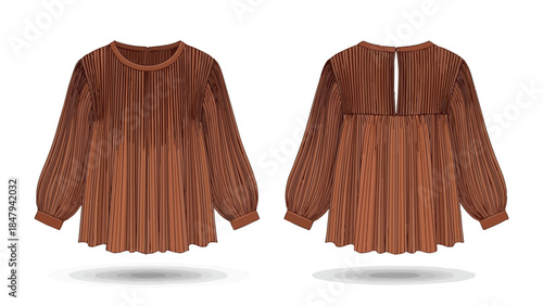 Elegant Pleated Brown Blouse With Balloon Sleeves Displayed Front And Back For Fashion Design And Apparel Concepts