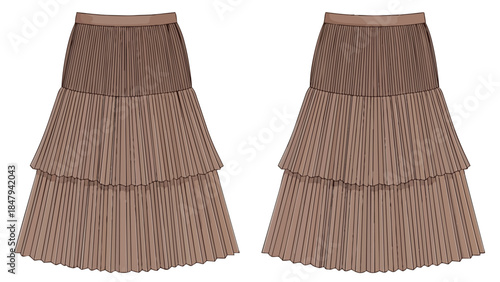 Elegant tiered pleated midi skirt design with a textured waistband and flowing silhouette for fashion illustrations
