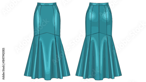 Elegant Teal Mermaid Skirt Design Front and Back View Isolated on White Background