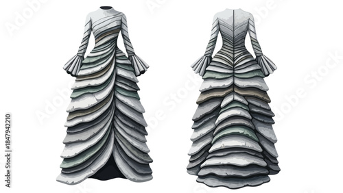 Avant-garde sculptural gown with layered ruffles and flared sleeves, showcasing intricate design and artistic flair in monochrome tones