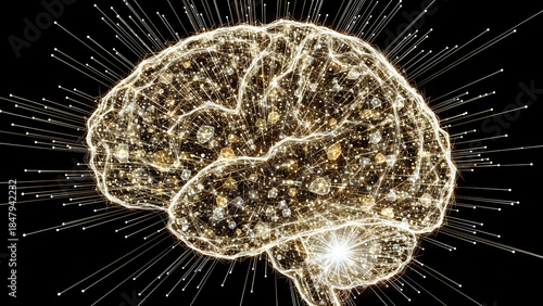 Abstract Golden Neural Network Brain Formed by Glowing Fiber Optic Connections