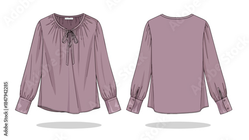 Fashionable long-sleeved top with tie neck and gathered cuffs presented in front and back views for design reference