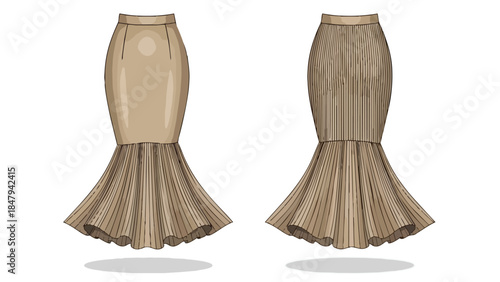 Elegant Fashion Illustration of a Sophisticated Fishtail Skirt Design Showcasing a Unique Texture and Silhouette