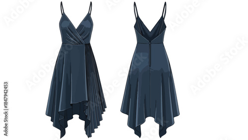 Elegant Dark Blue Asymmetrical Midi Dress with Pleated Skirt and V-Neckline