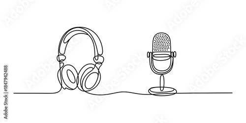 Continuous line drawing of headphones and a microphone for audio recording Vector, illustration