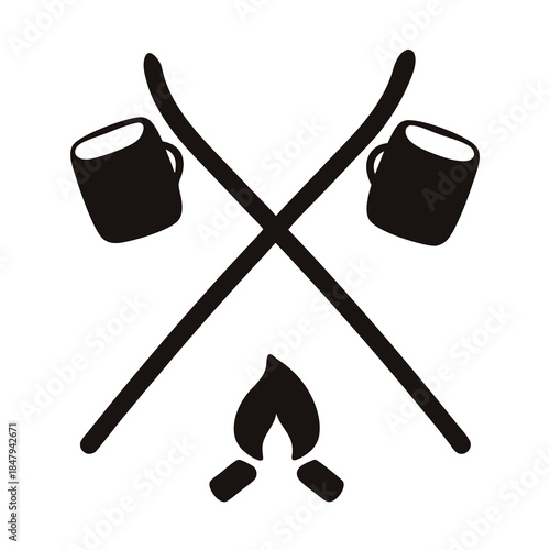 Simple illustration of camping scene with fire, crossed roasting sticks and coffee