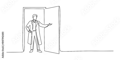Continuous line art drawing of a man in a lab coat presenting an opportunity through an open door Vector, illustration