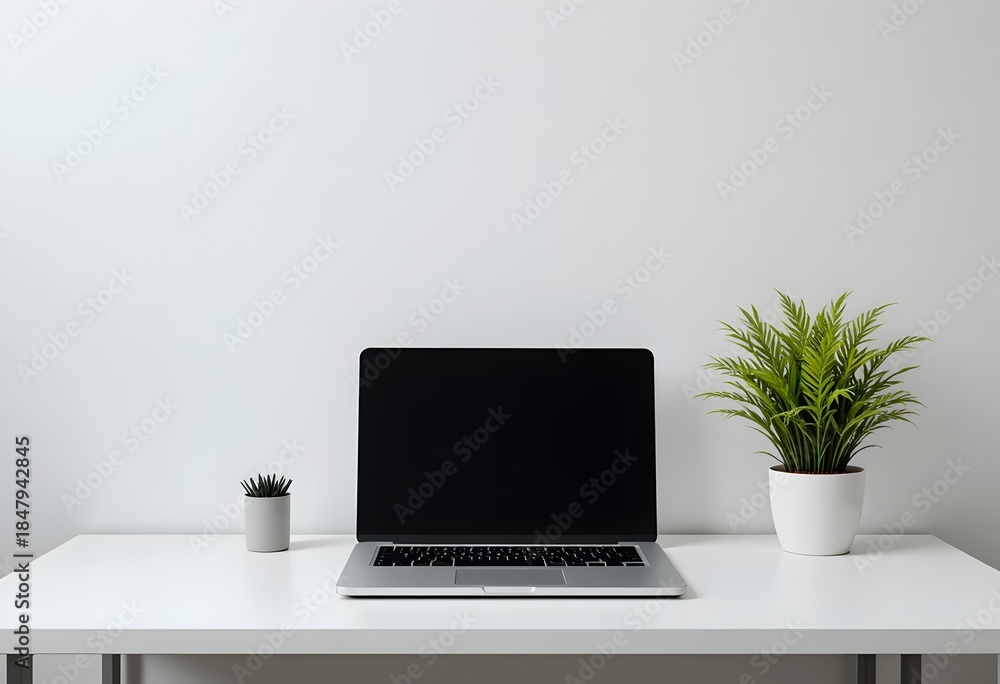 Fototapeta premium Modern Minimalist Workspace with Laptop and Green Plants