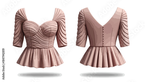 Exquisite Sculptural Blouse Design Showcasing Intricate Pleated Sleeves and Peplum Silhouette on White Background