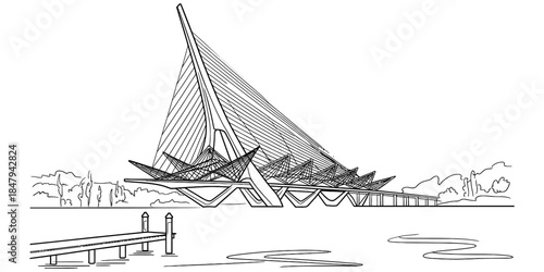 A futuristic architectural drawing of a modern cable-stayed bridge over water Vector, illustration