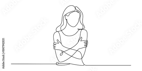 Continuous single line art drawing of woman folding arms feeling cold or shy Vector, illustration