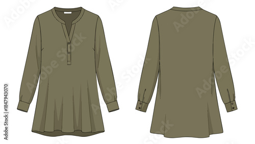 Fashionable Olive Green Tunic Top Design Sketch Showing Front and Back Views