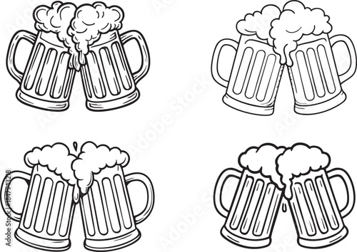 Line art of two beer mugs clinking with frothy foam overflow, symbolizing celebration and camaraderie on white background