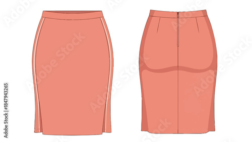 Fashion illustration of a coral pencil skirt presented in front and back views, showcasing its tailored silhouette and design details