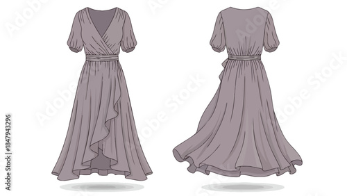 Elegant Wrap Dress Fashion Illustration with Flowing Silhouette Front and Back Views Displayed on a White Canvas Canvas