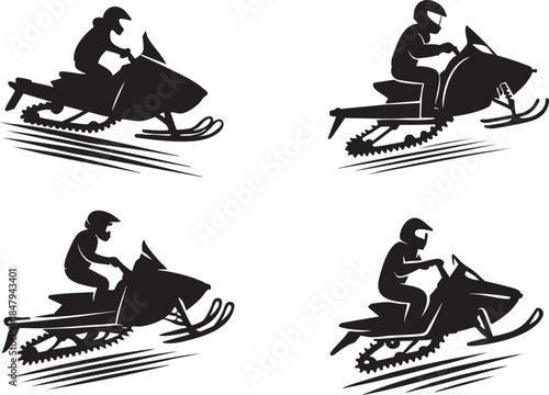 Silhouette of person riding snowmobile in motion, showcasing winter sport action and adventure on white background