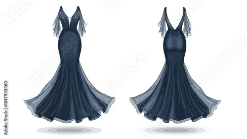 Elegant deep blue mermaid evening gown with flowing chiffon sleeves and dramatic train displayed from front and back views for fashion design