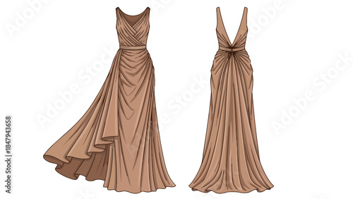 Elegant draped evening gown illustration in neutral tone showcasing sophisticated fashion design