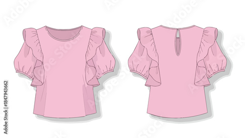 Artistic Fashion Flat Sketch of a Pink Blouse Featuring Voluminous Ruffled Sleeves and a Keyhole Back Detail