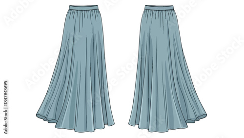 Stylized fashion illustration showcasing a pair of flowing pale blue maxi skirts with gathered waistbands and dramatic flounces