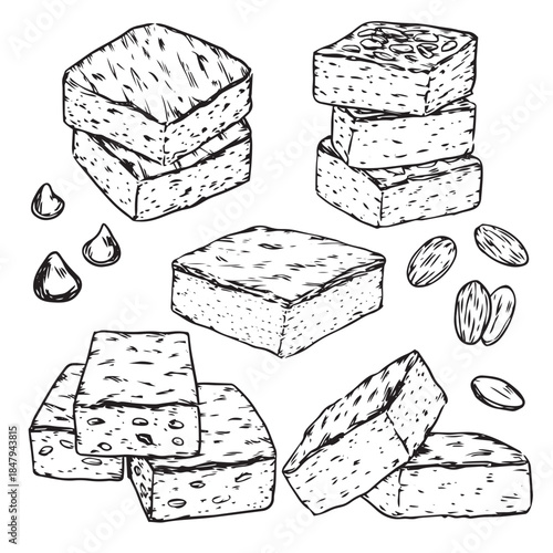 Set of hand drawn chocolate brownie with chocolate chip and almond outline drawing illustration
