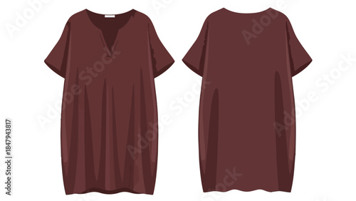 Classic maroon v-neck short sleeve shift dress front and back view isolated on white background perfect for fashion design mockups